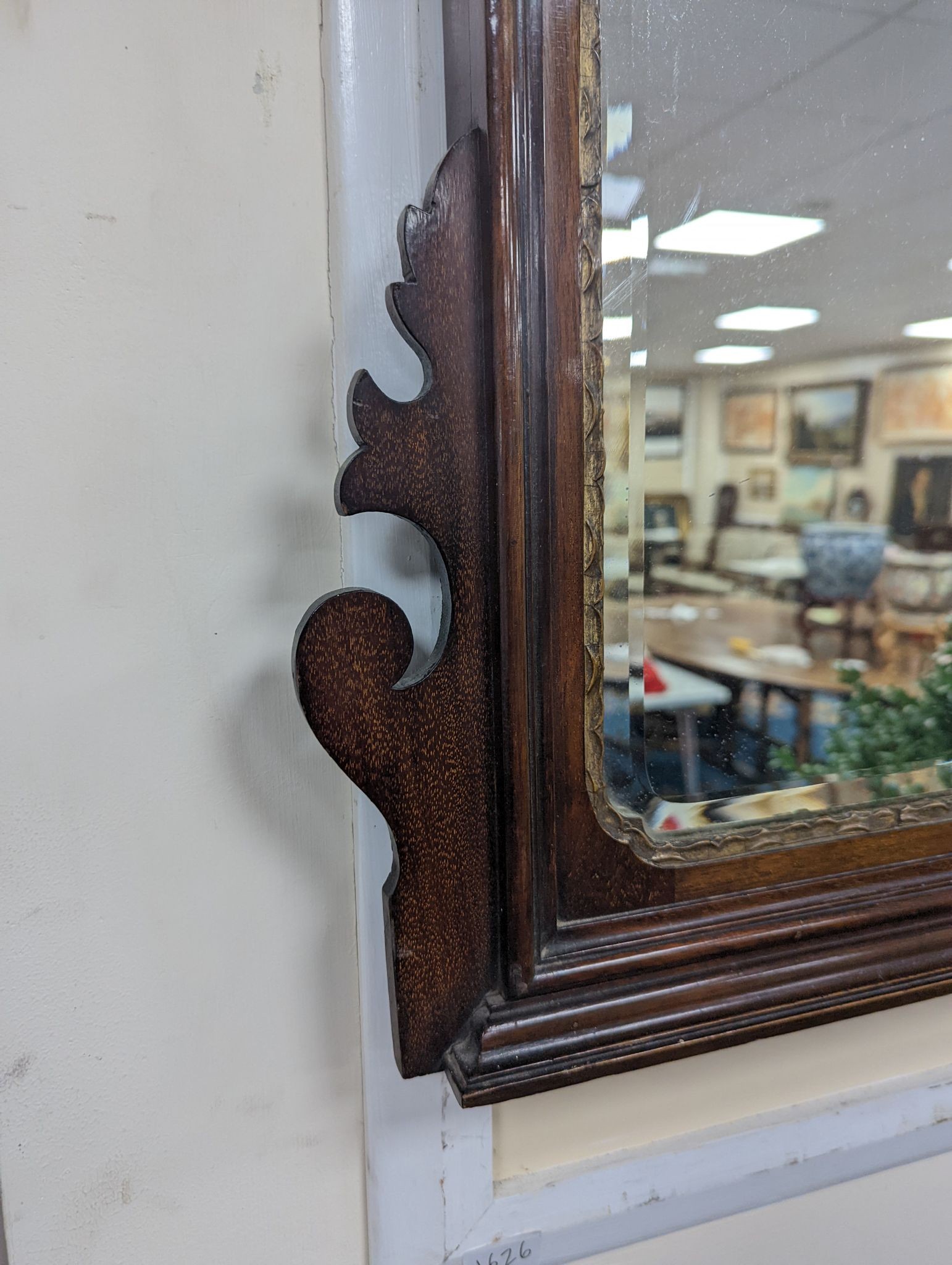 An Edwardian George III style mahogany fret cut triple plate overmantel mirror, width 116cm, height 86cm